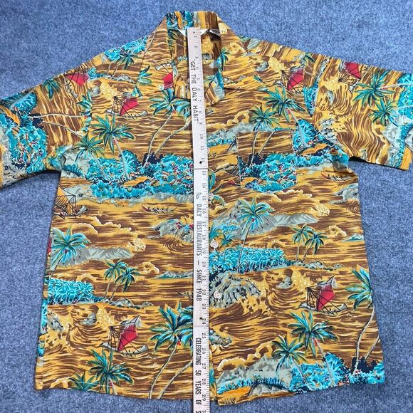Vintage Waikiki 76 Mens Large Hawaiian Aloha Shirt Palm Trees Sail Boat Brown Lg - Picture 10 of 15